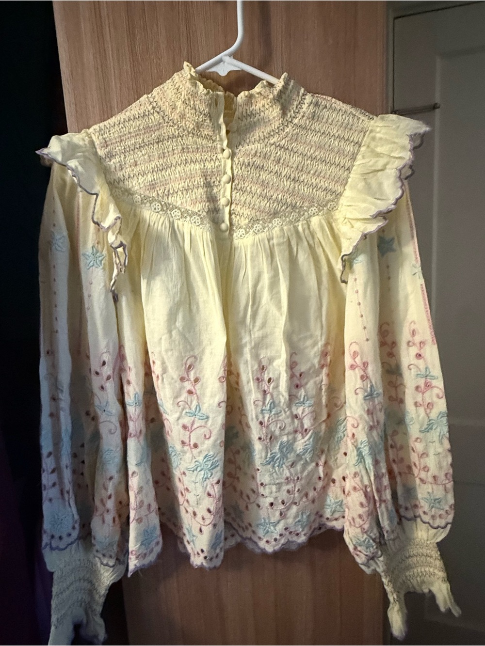 LoveShackFancy Pale Yellow Embroidered Ruffle Smocked Blouse